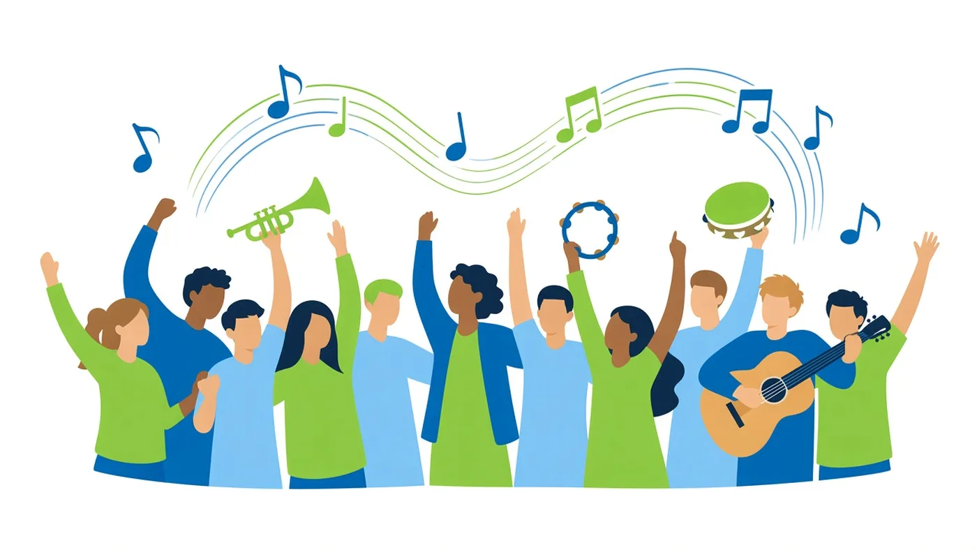 Illustration of young people with instruments raising their arms together