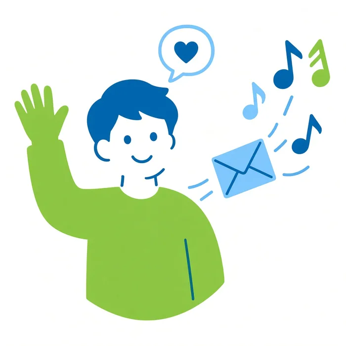 Illustration of a person waving as a letter flies off with music notes