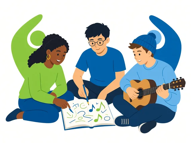 Three young people writing a song in a notebook